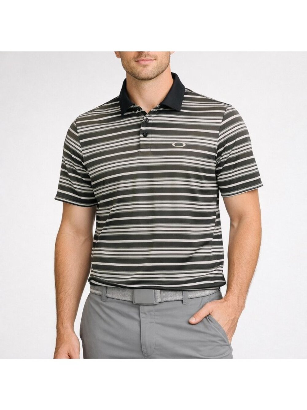 Oakley Mens Performance Polo Shirt Short Sleeve Black Gray Ombre Stripe Size M